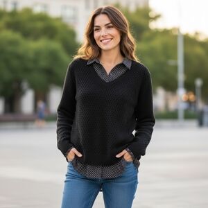 CROFT & BARROW Black White Polka Dot Cotton Blend Long Sleeve Sweater Top XL NWT